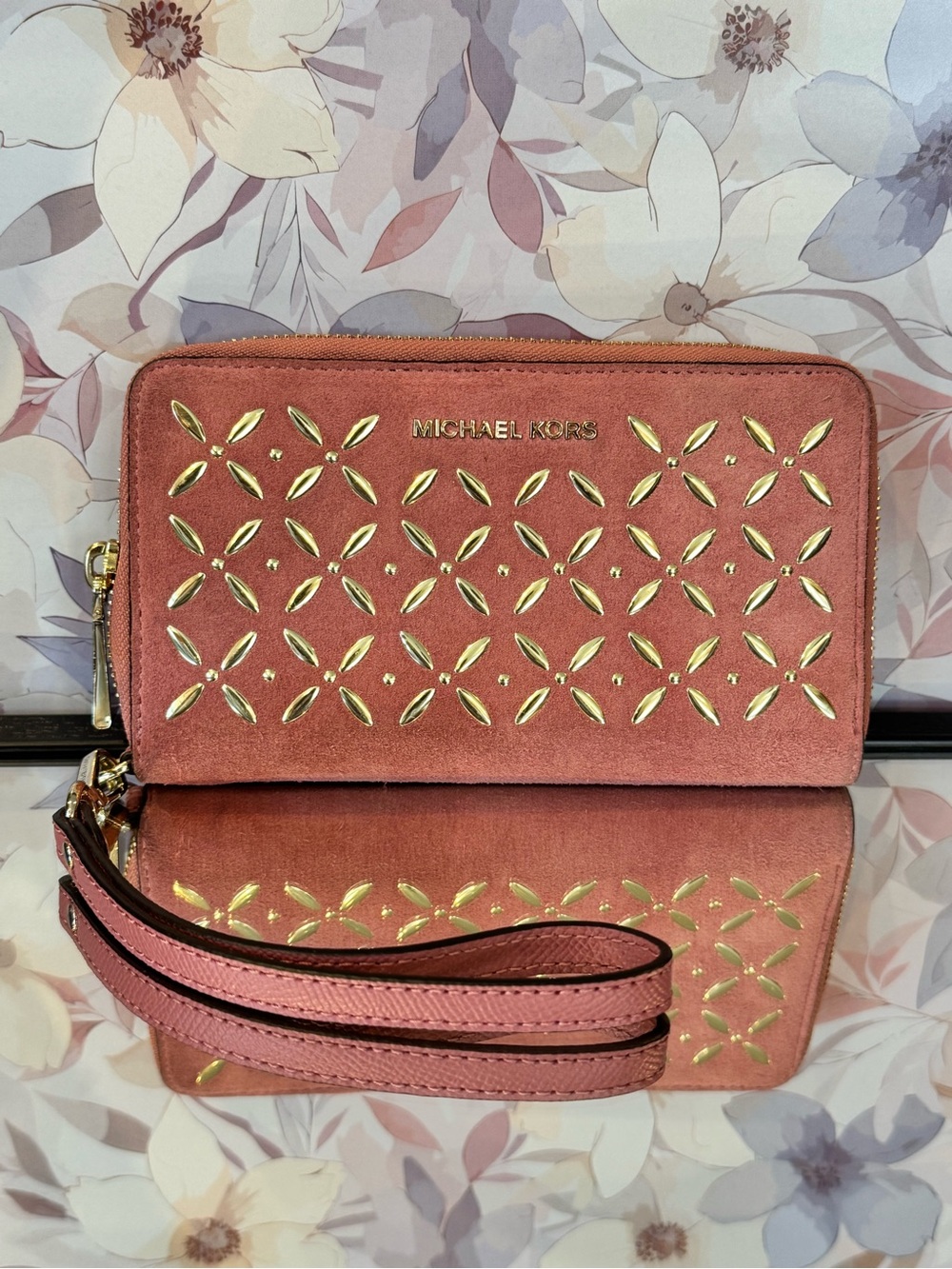 Michael Kors Rose Pink Suede Wristlet Clutch with Gold Accents